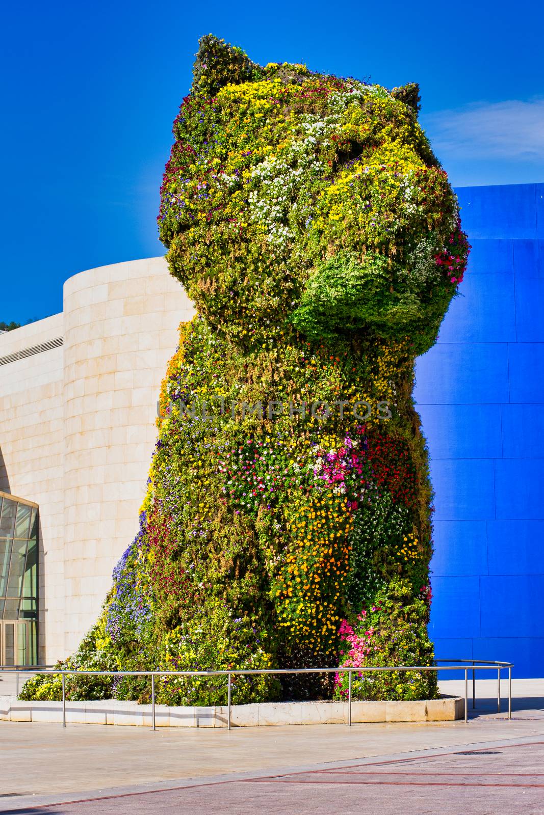 Flower covered dog Puppy guarding the Guggenheim Museum in Bilbao in Spain. Design by Jeff Koons by kb79