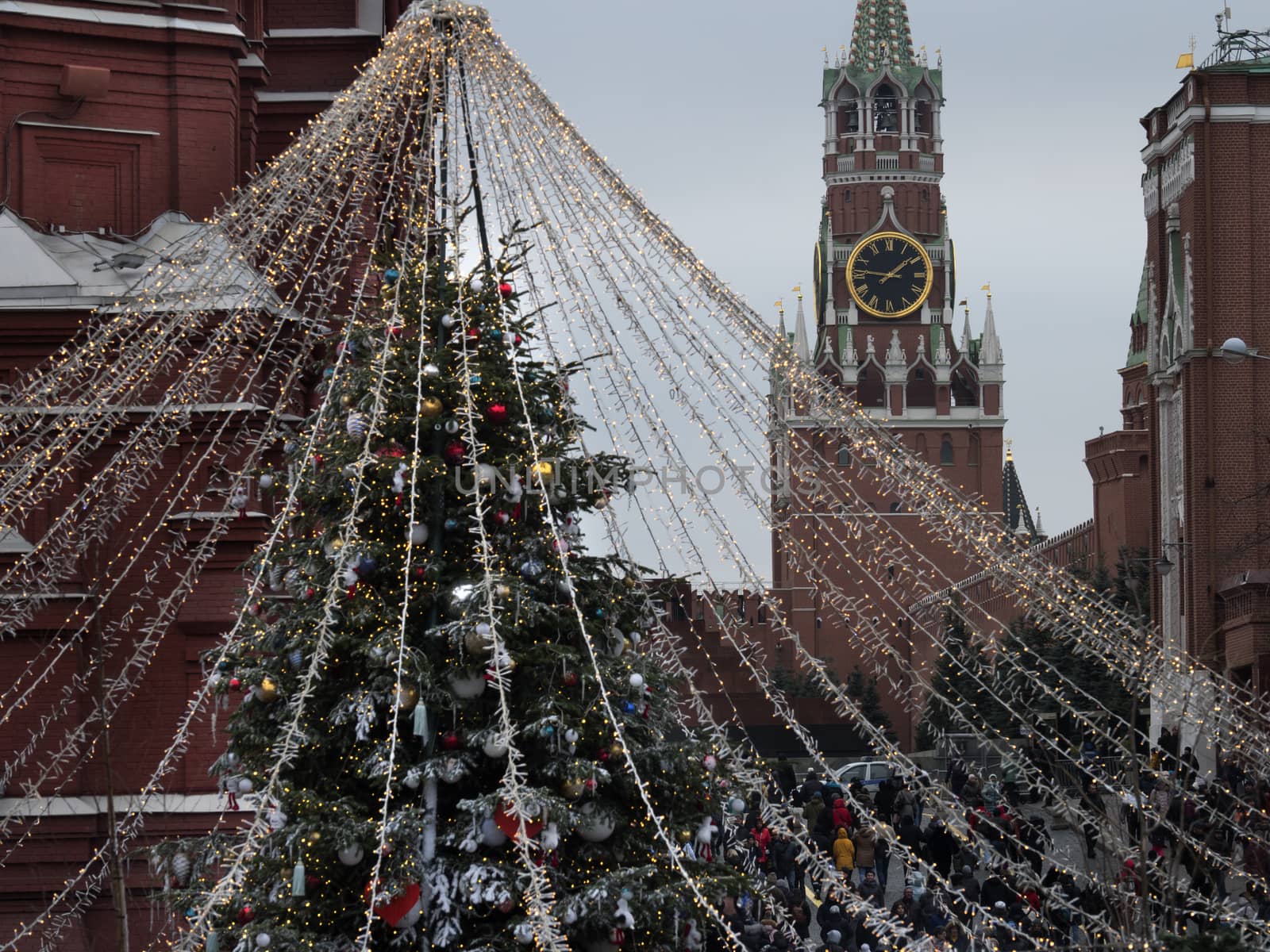 Russia Moscow. Christmas illuminations of the Moscow Kremlin, on New year's eve.