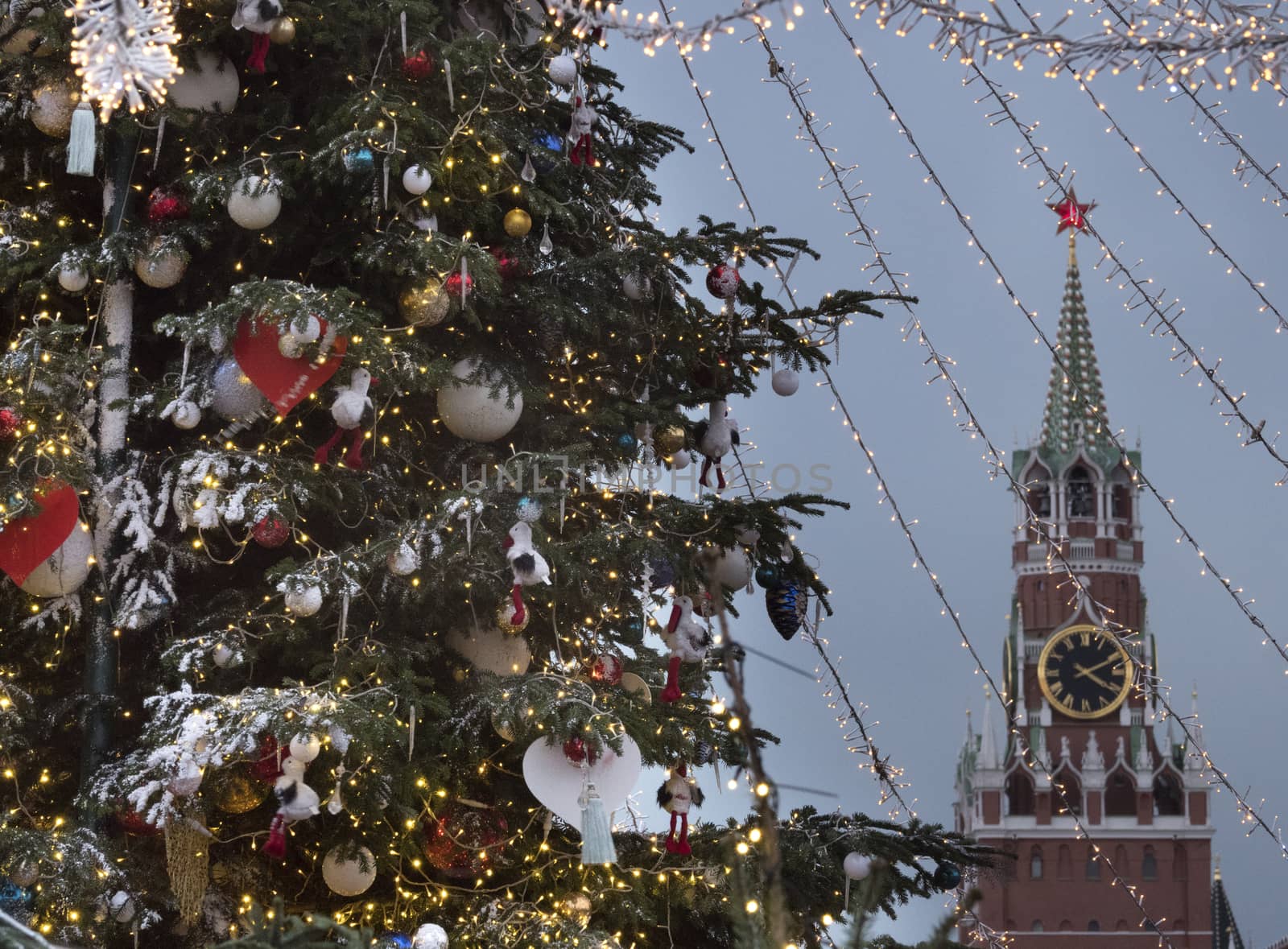 Russia Moscow. Christmas illuminations of the Moscow Kremlin, on New year's eve.