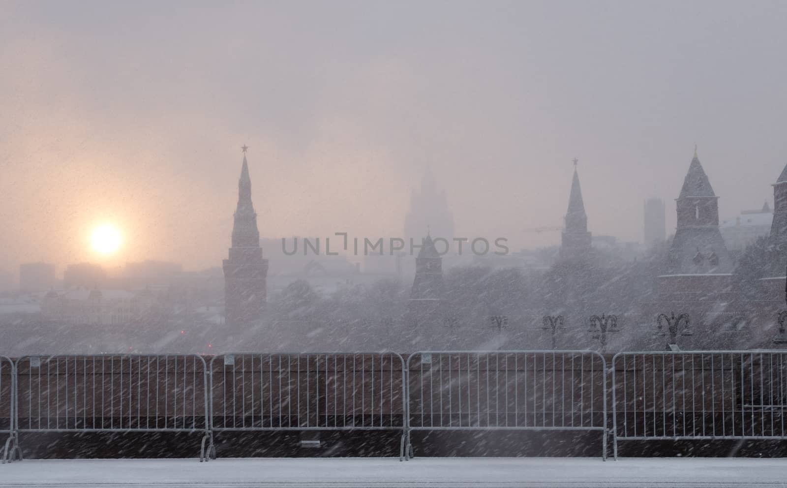 Russia, Moscow city center in a strong snowstorm. View on Kremlin Towers.