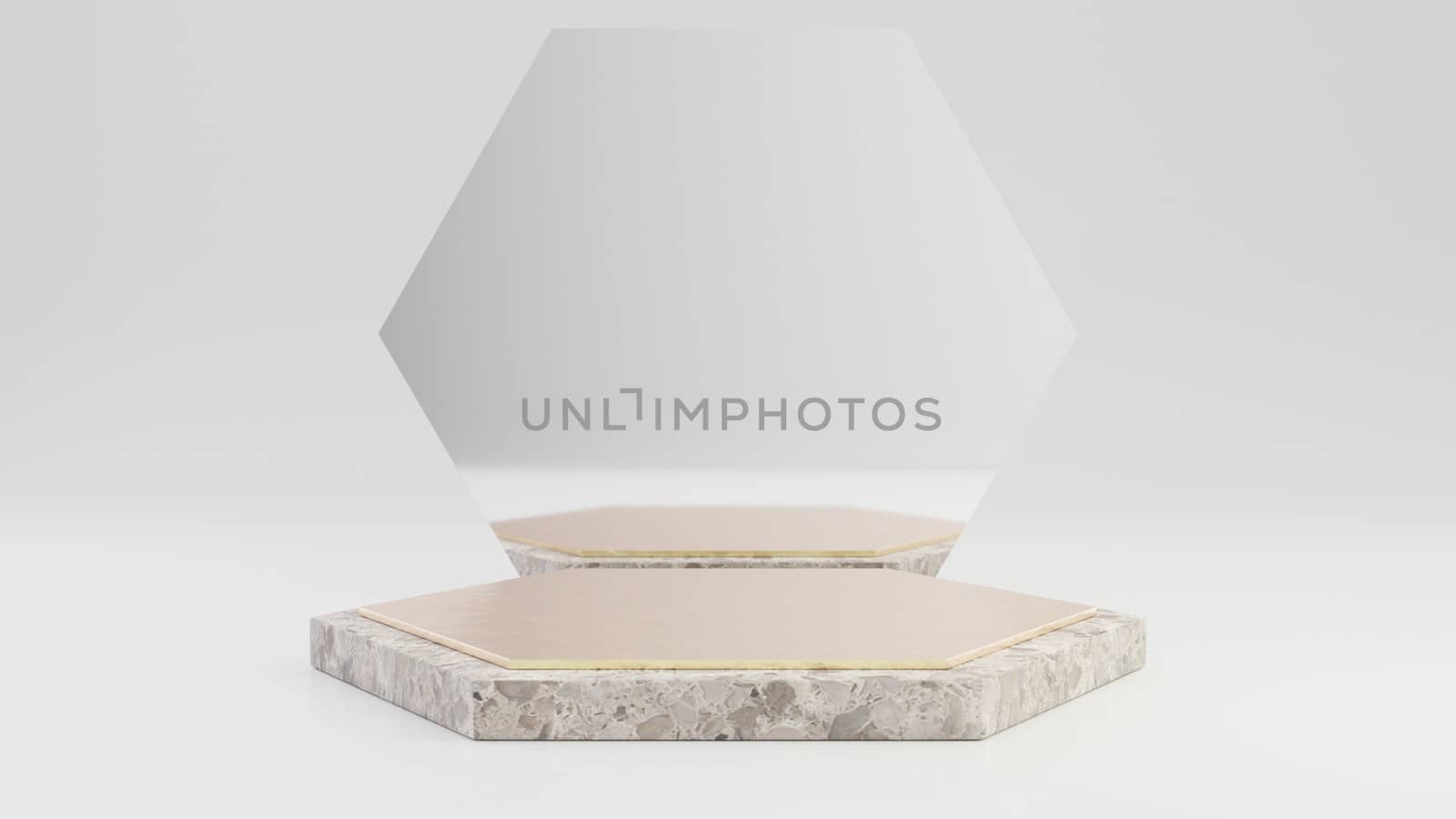 Stone marble podium with gold top isolated on white background. 3d rendered minimalistic abstract background concept for product placement.