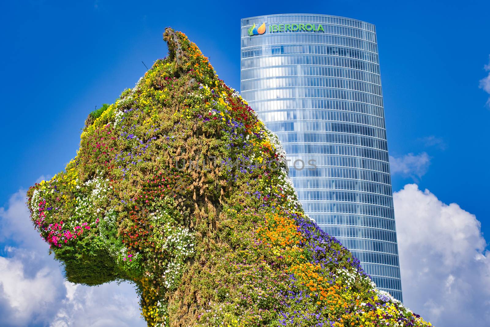 Bilbao, Spain, May 2012: Flower covered dog Puppy guarding the Guggenheim Museum in Bilbao in Spain. Design by Jeff Koons. Travel and tourism.