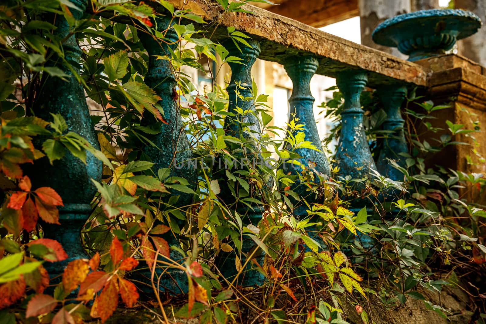 Blue stone railings on the porch of the palace. Balustrades in autumn