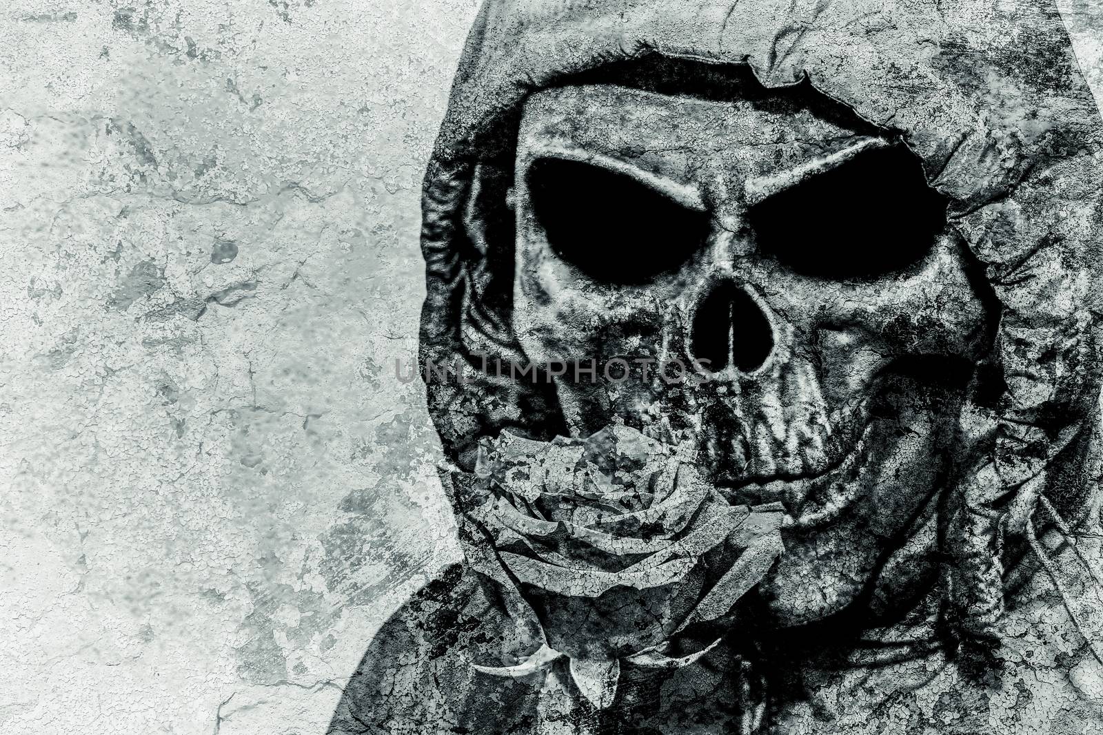 Stylized image of death with a rose on a concrete wall