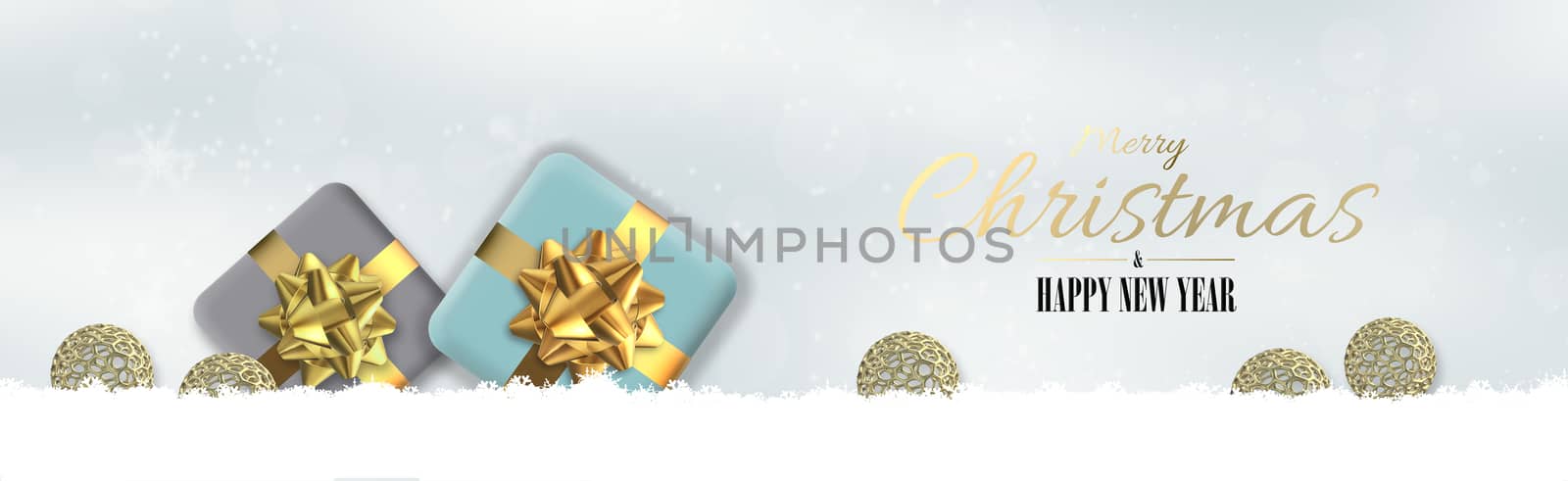 Christmas holiday horizontal banner with 3D realistic Xmas gift boxes, gold ornament, snow. Text Merry Christmas happy New Year. 3D render. Holiday design on snow and snowflakes background