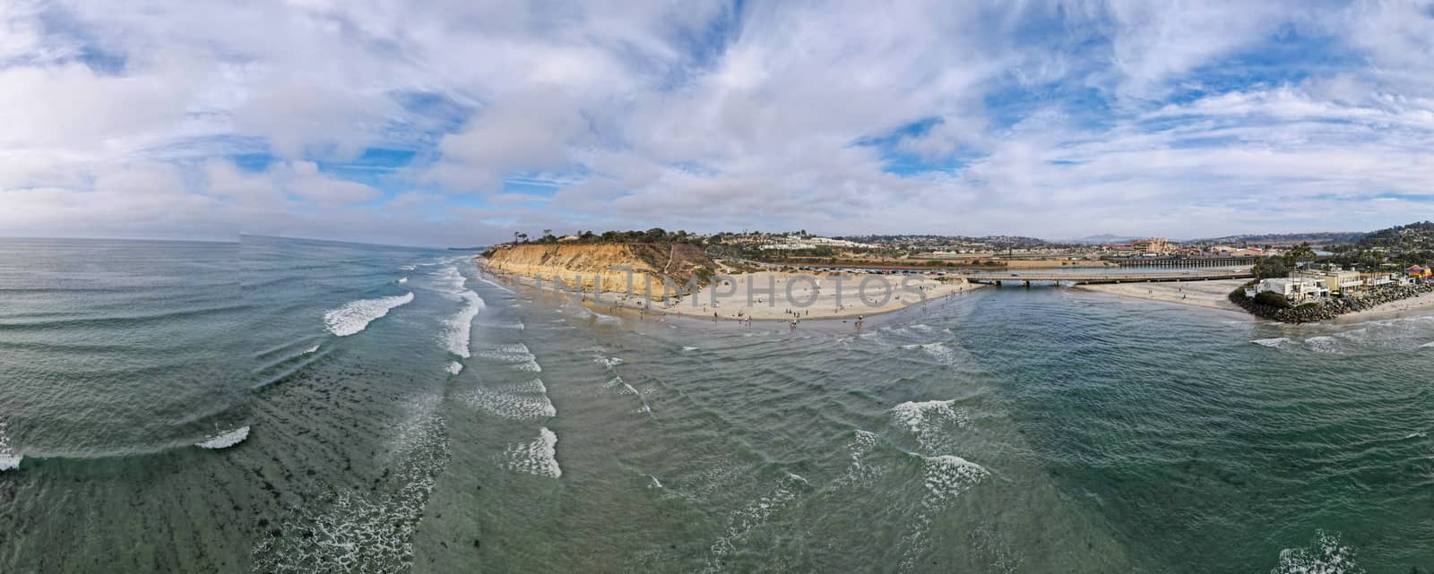 Aerial view of Del Mar North Beach, California coastal cliffs and House with Pacific ocean by Bonandbon