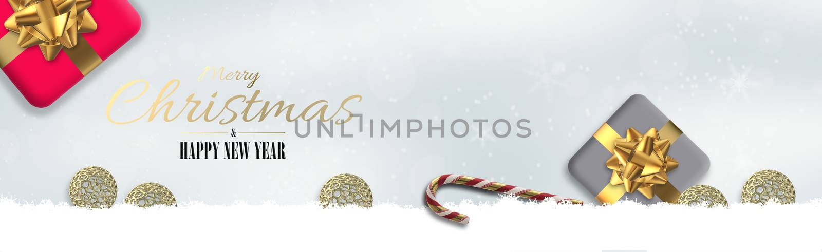 Elegant Christmas banner design with snowflakes, snow, red pink grey 3D gift boxes on pastel grey white background. 3D render. Text Merry Christmas Happy New Year. Beautiful abstract Xmas decoration
