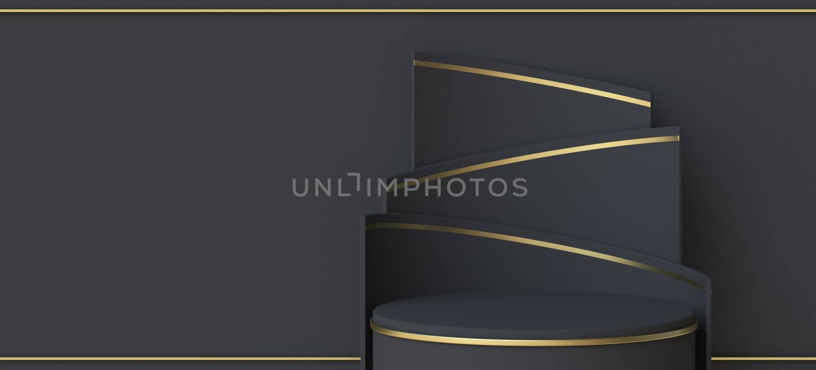 Abstract background gold black paper stage 3D render illustration on black background