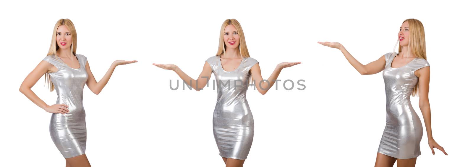 Young woman in silver dress isolated on white