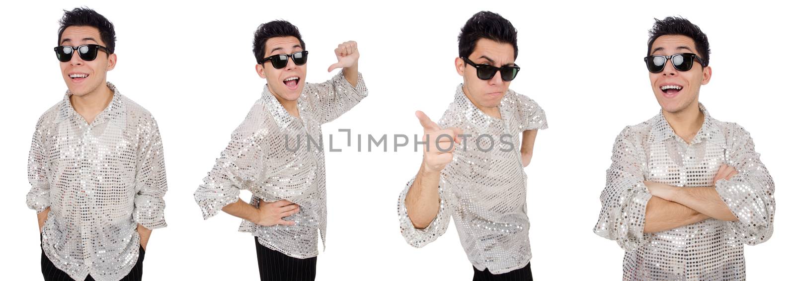 Young man in silver shirt isolated on white