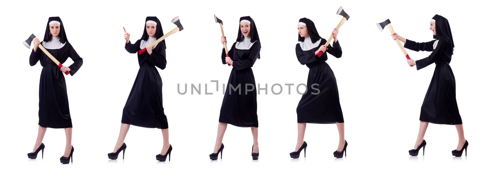 Nun with axe isolated on white by Elnur