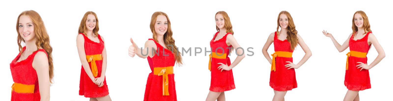 Young beautiful girl in red dress thunms up isolated on white