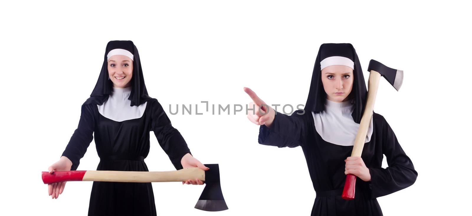 Nun with axe isolated on white