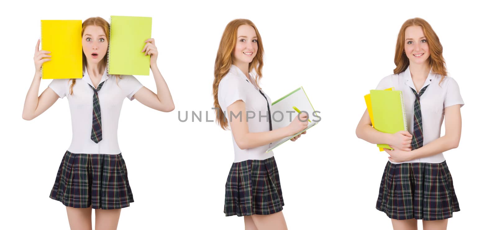 Young student female with textbooks isolated on white