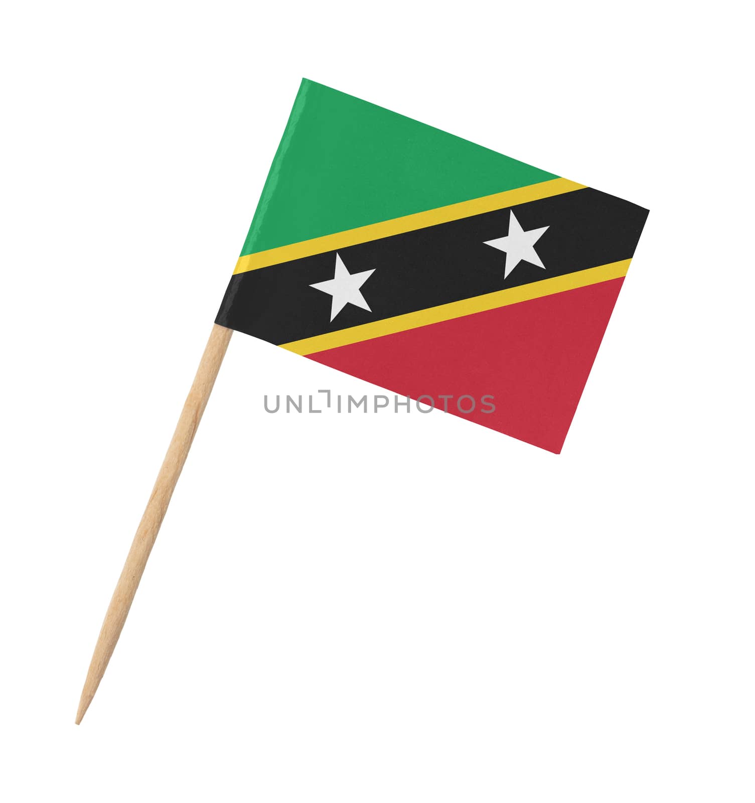 Small paper flag of Saint Kitts and Nevis on wooden stick, isolated on white