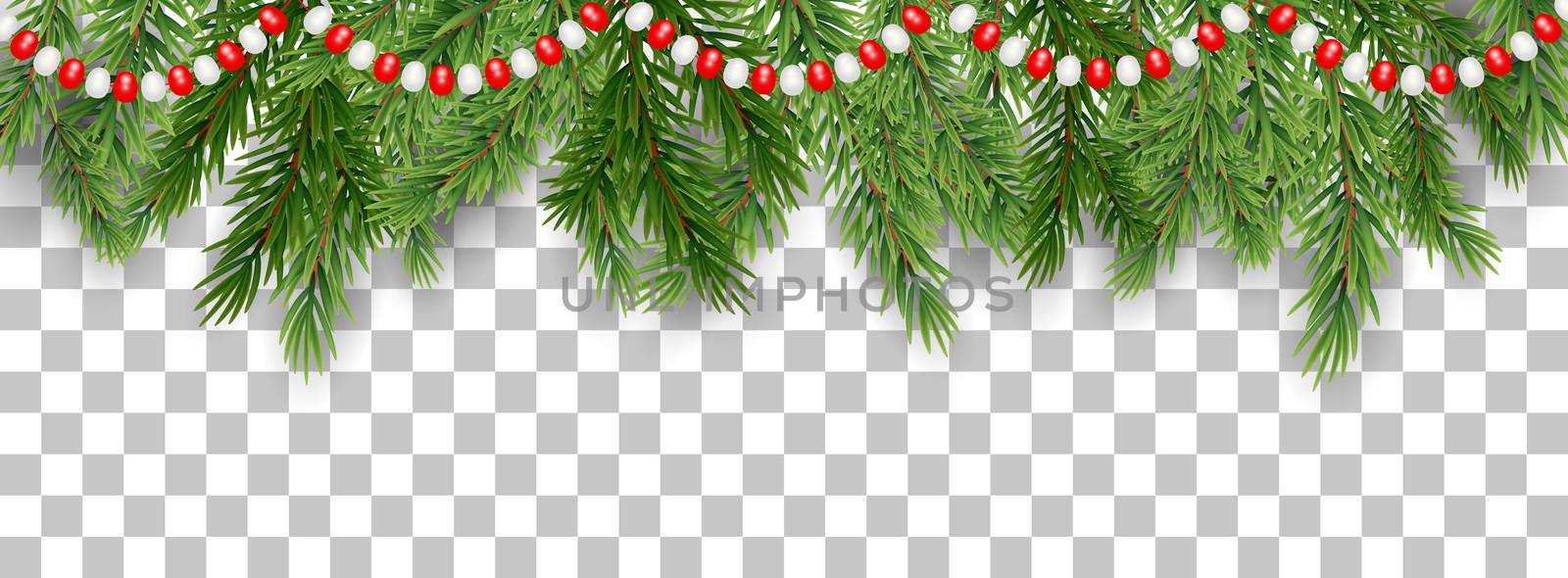Merry Christmas and happy New Year border of tree branches and garland beads on transparent background. Vector illustration. EPS10