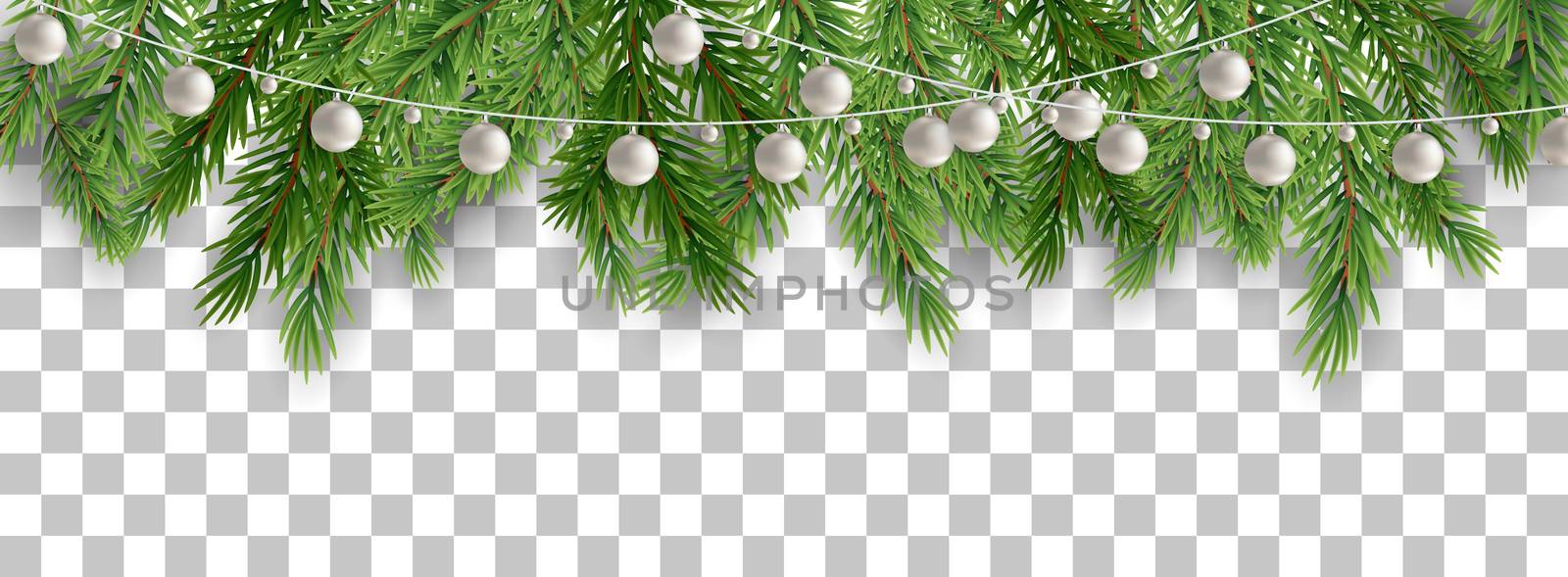 Merry Christmas and happy New Year border of tree branches and garland beads on transparent background. Vector illustration. EPS10
