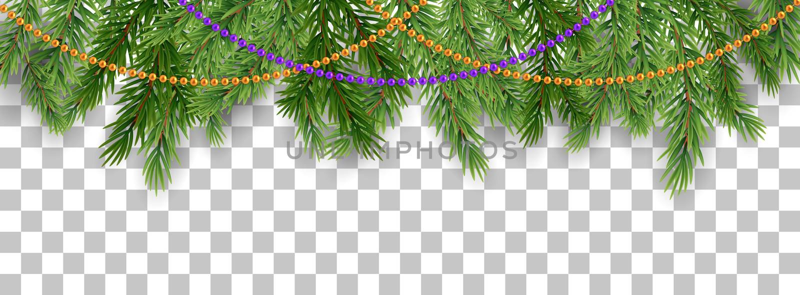 Merry Christmas and happy New Year border of tree branches and garland beads on transparent background. Vector illustration. EPS10