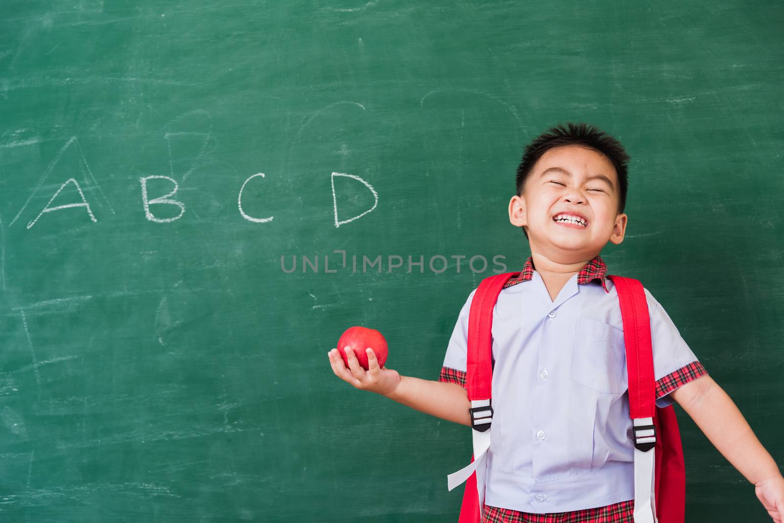 Back to School. Happy Asian funny cute little child boy from kindergarten in student uniform with school bag hold red apple on hand smiling on green school blackboard, First time to school education