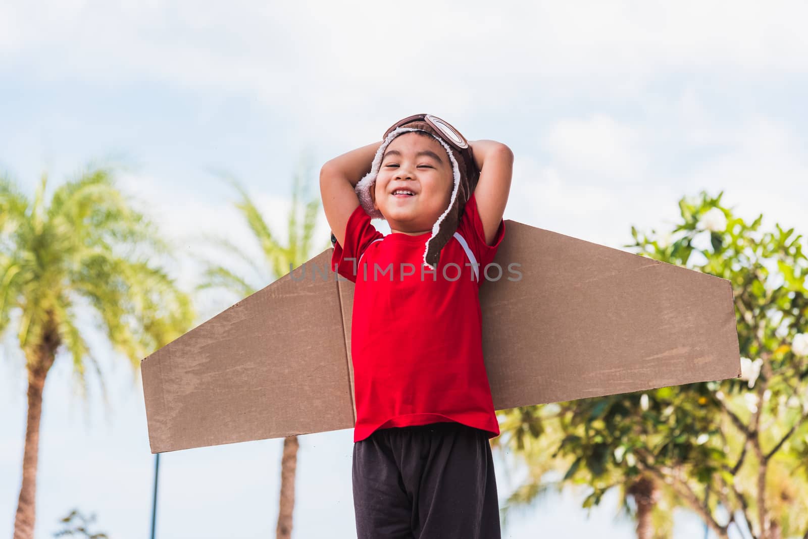 Happy Asian funny child or kid little boy smile wear pilot hat and goggles play toy cardboard airplane wing flying against summer sky cloud on trees garden background, Startup freedom concept