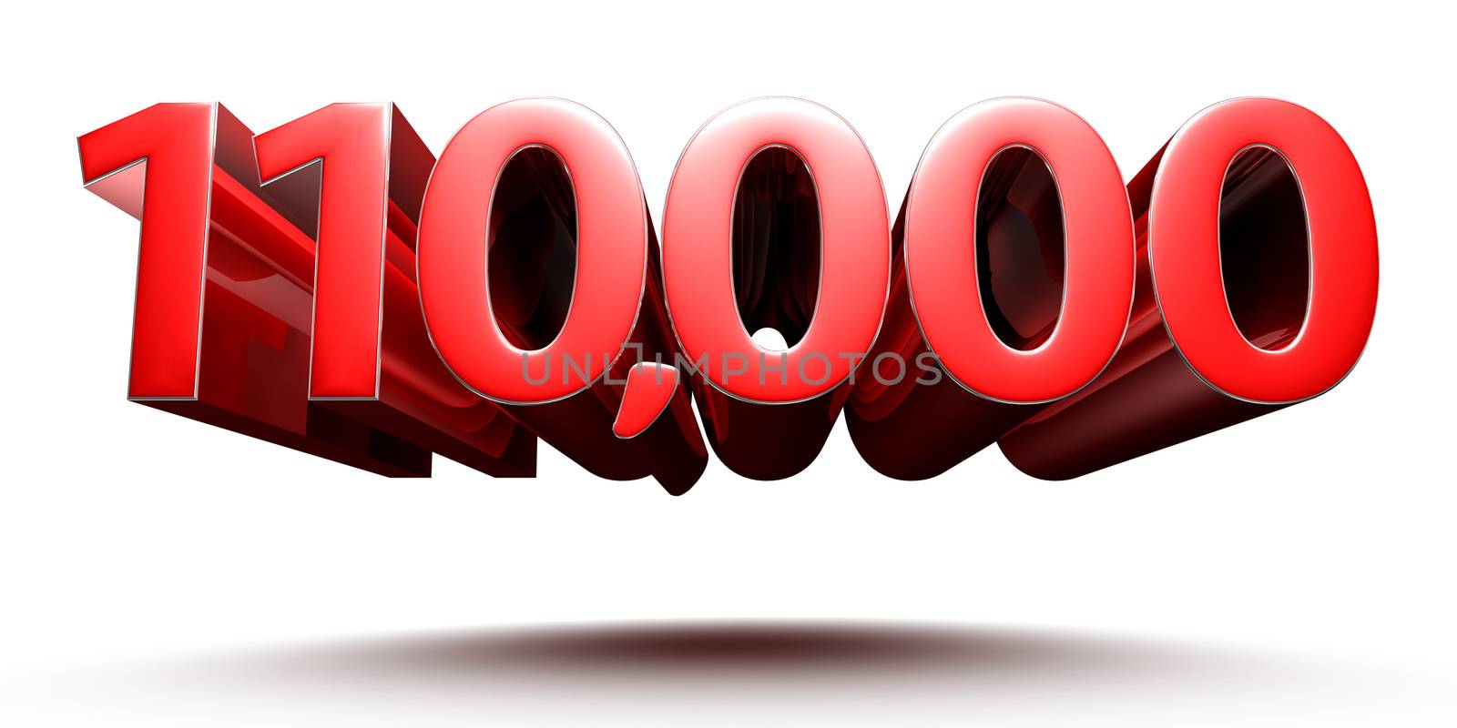 Red numbers 110000 isolated on white background illustration 3D rendering with clipping path.