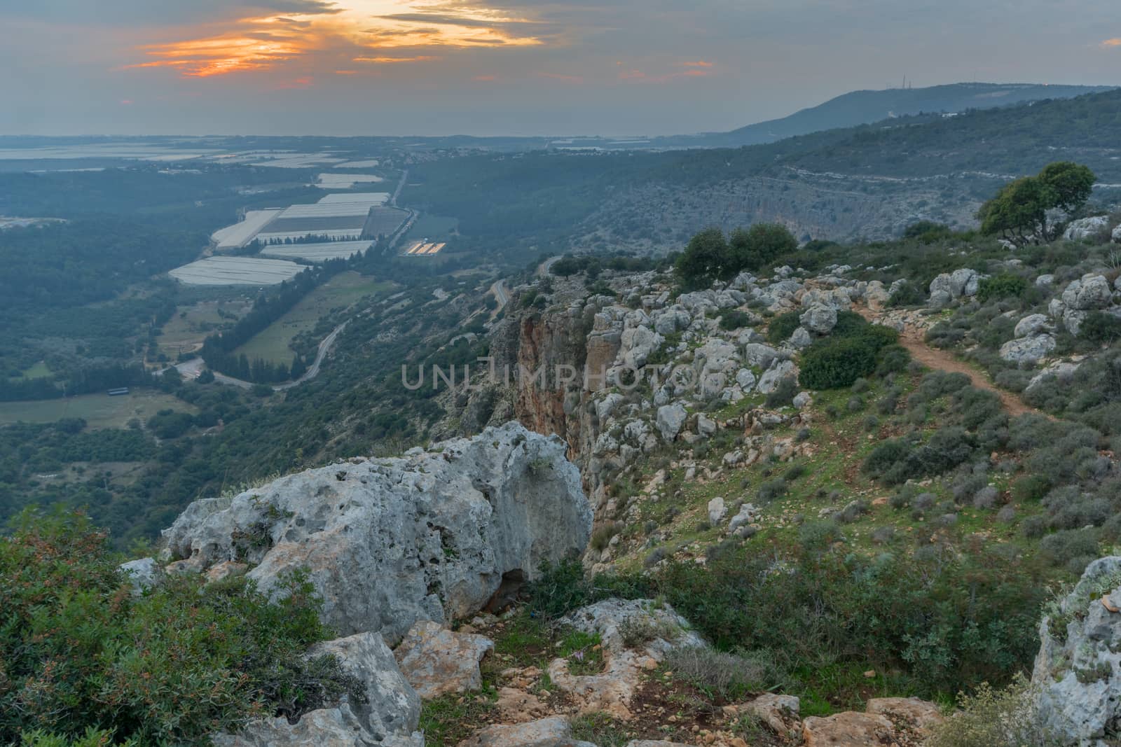 Sunset view of Western Galilee landscape, with the Mediterranean Sea, in Adamit Park, Northern Israel
