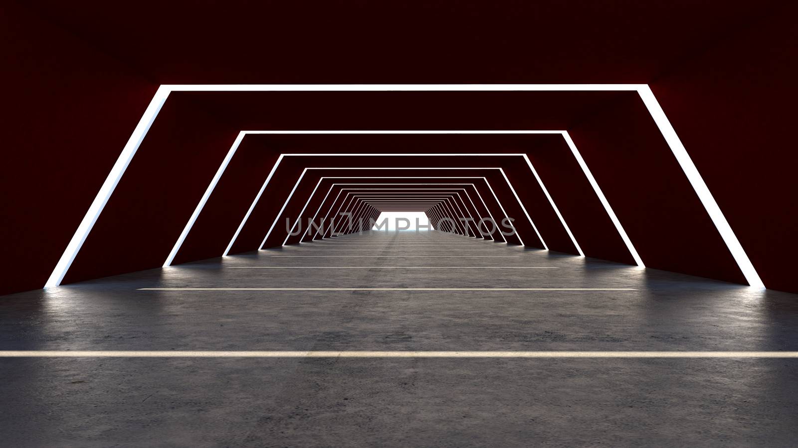 3d render of abstract in a big hall ,Hexagon shape on red and neon lighting