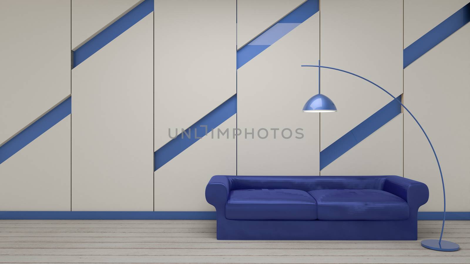 3d render of modern living room, violet sofa and lamp in white gypsum board on wood floor