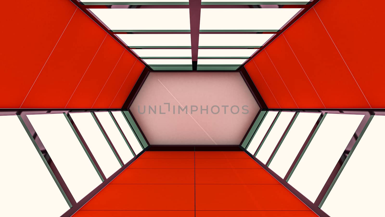 3d render of abstract background, Hexagon tunnel and gate box on a red and white background