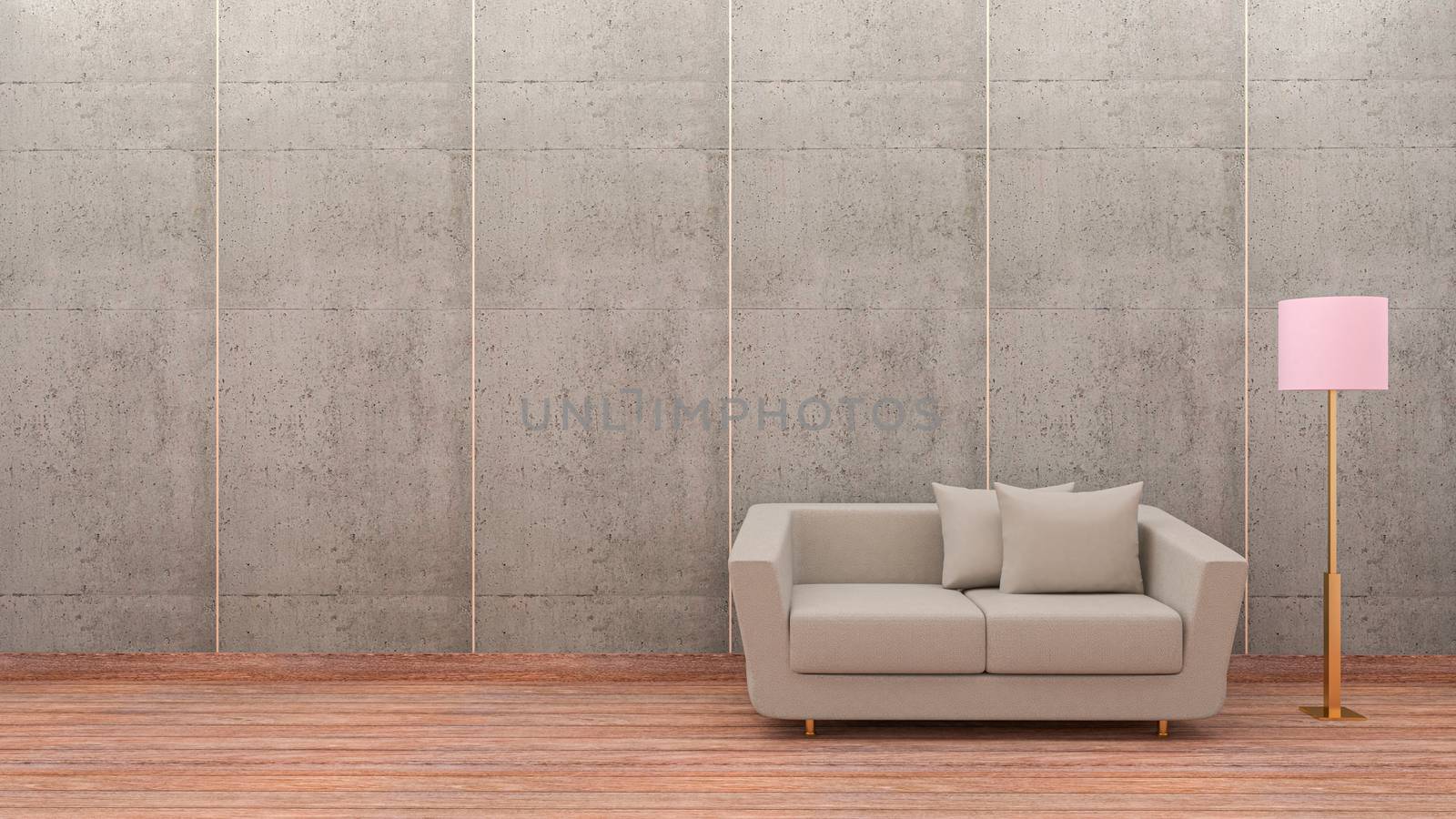 3d render of modern living room,grey sofa and lamp in white gypsum board on wood floor, loft style