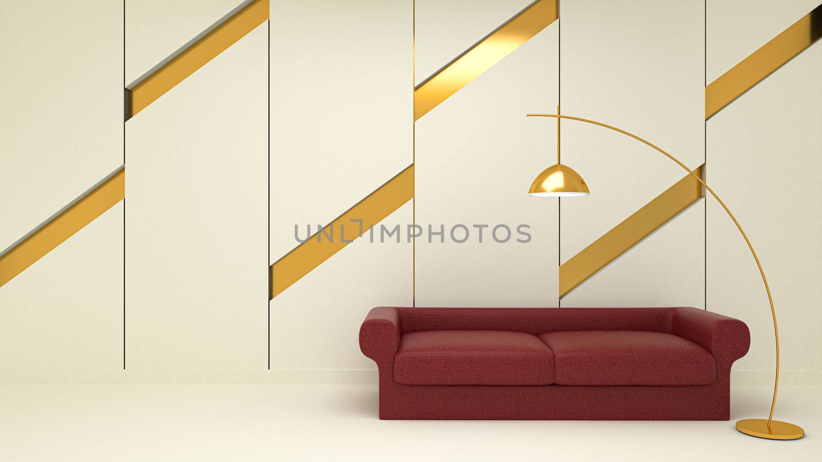 3d render of modern living room,red sofa and lamp in white by mhaostudio