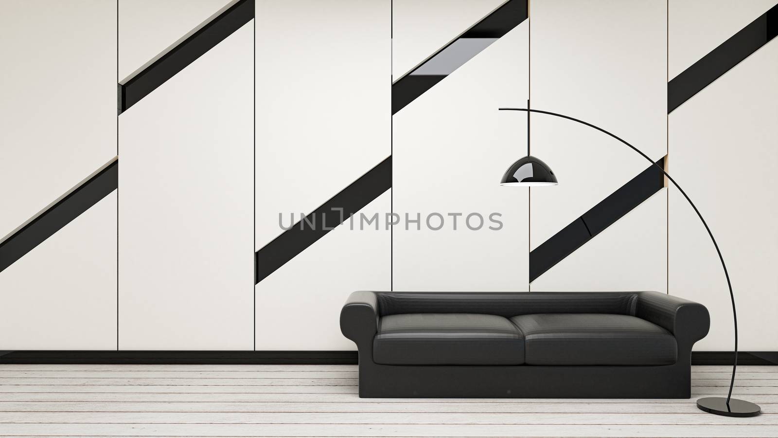3d render of modern living room, black sofa and lamp in white gypsum board on wood floor
