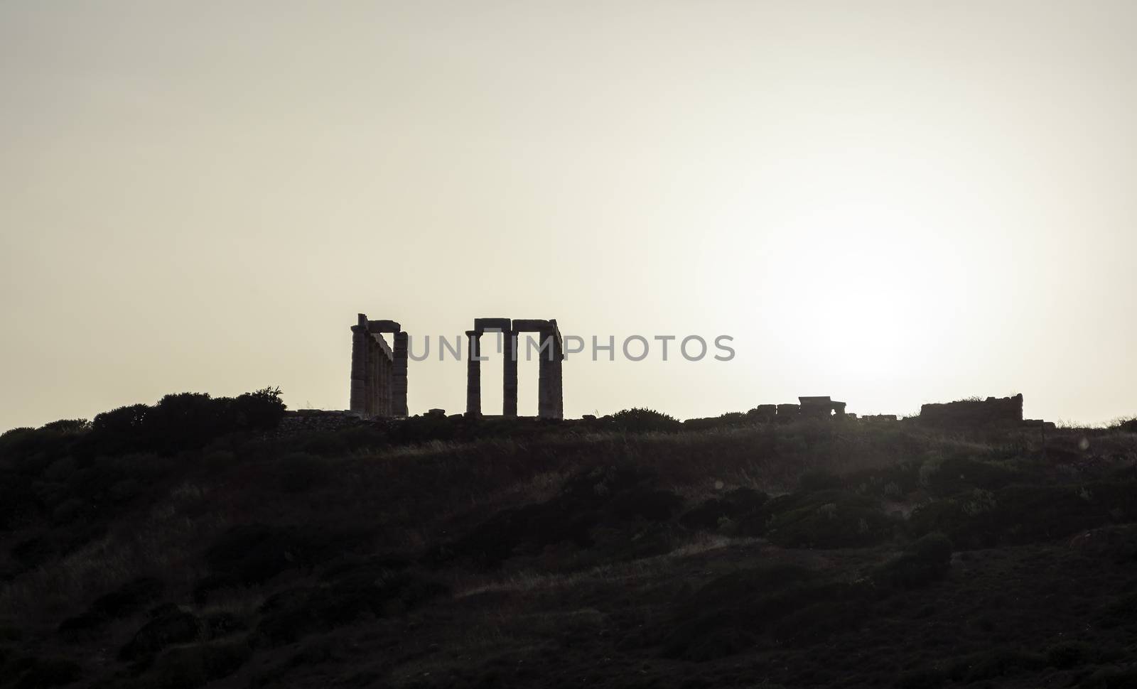 The ancient temple of Poseidon at Cape Sounion. He was god of the Sea. Attica, Greece.