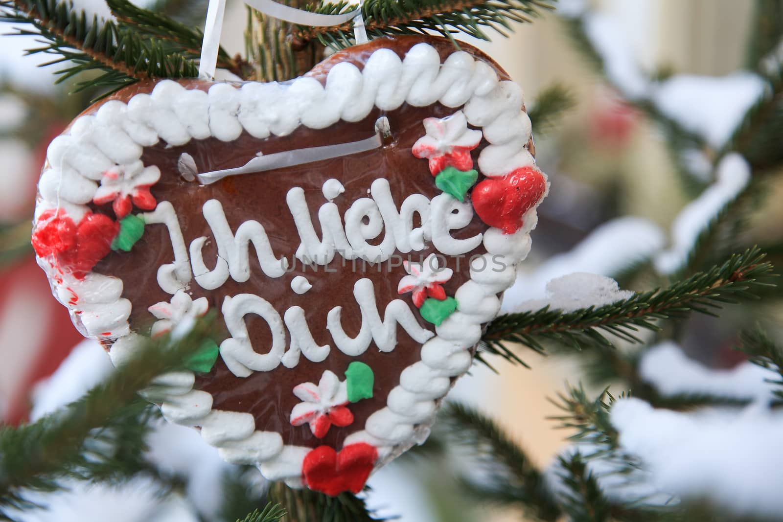 German gingerbread heart with the words "Ich liebe dich" translates into "I love you" in English