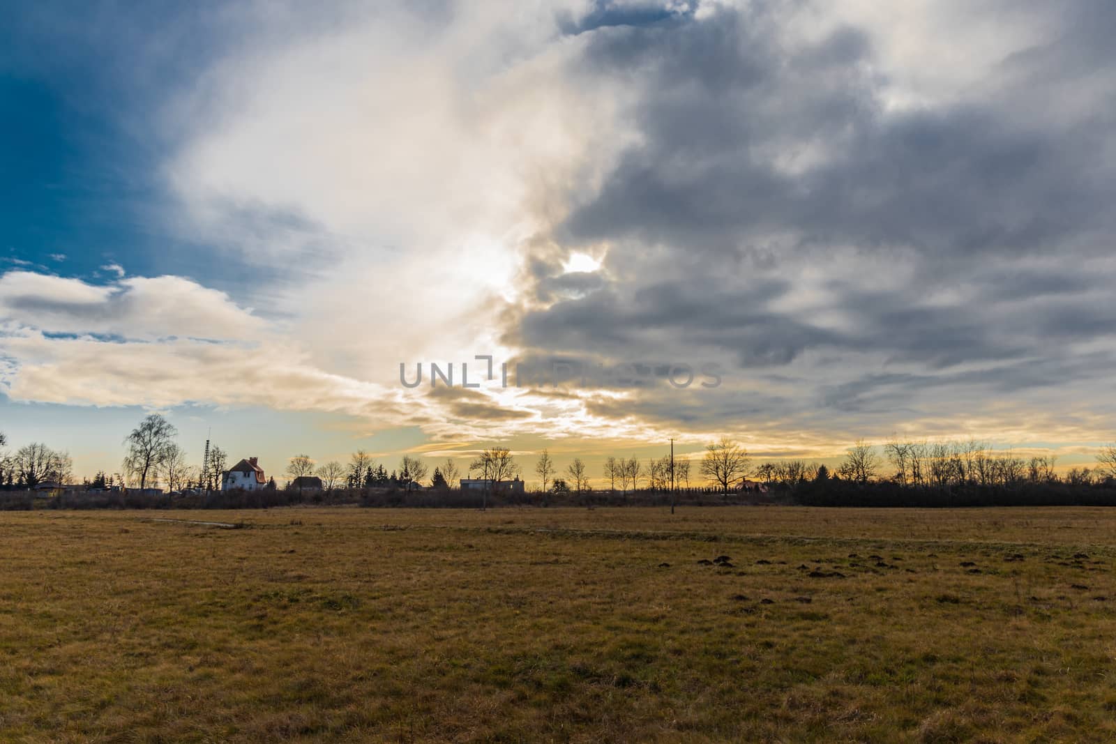 Cloudy sunset over large yellow fields by Wierzchu