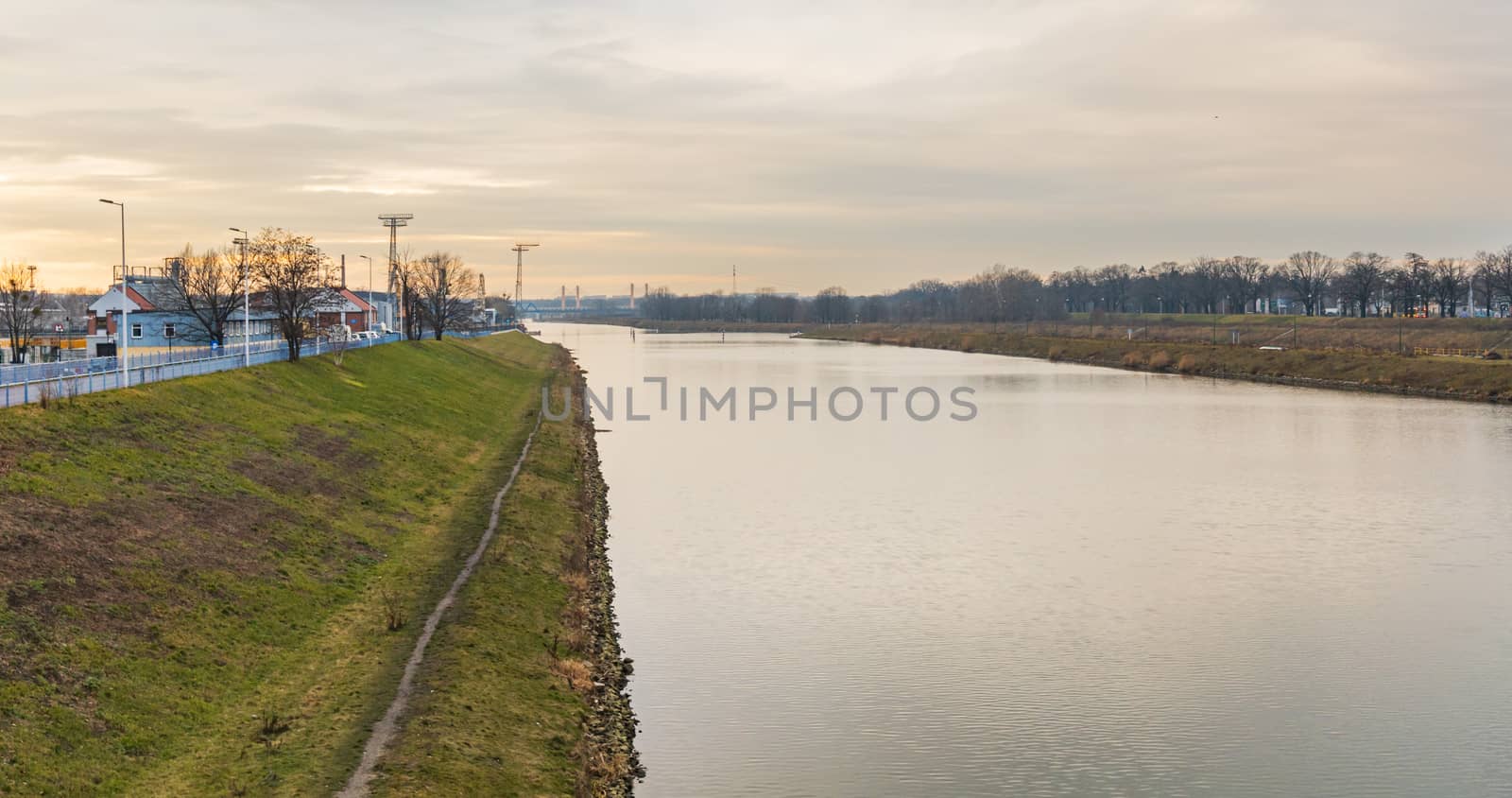 Long green coast near Odra river with few trees and buildings