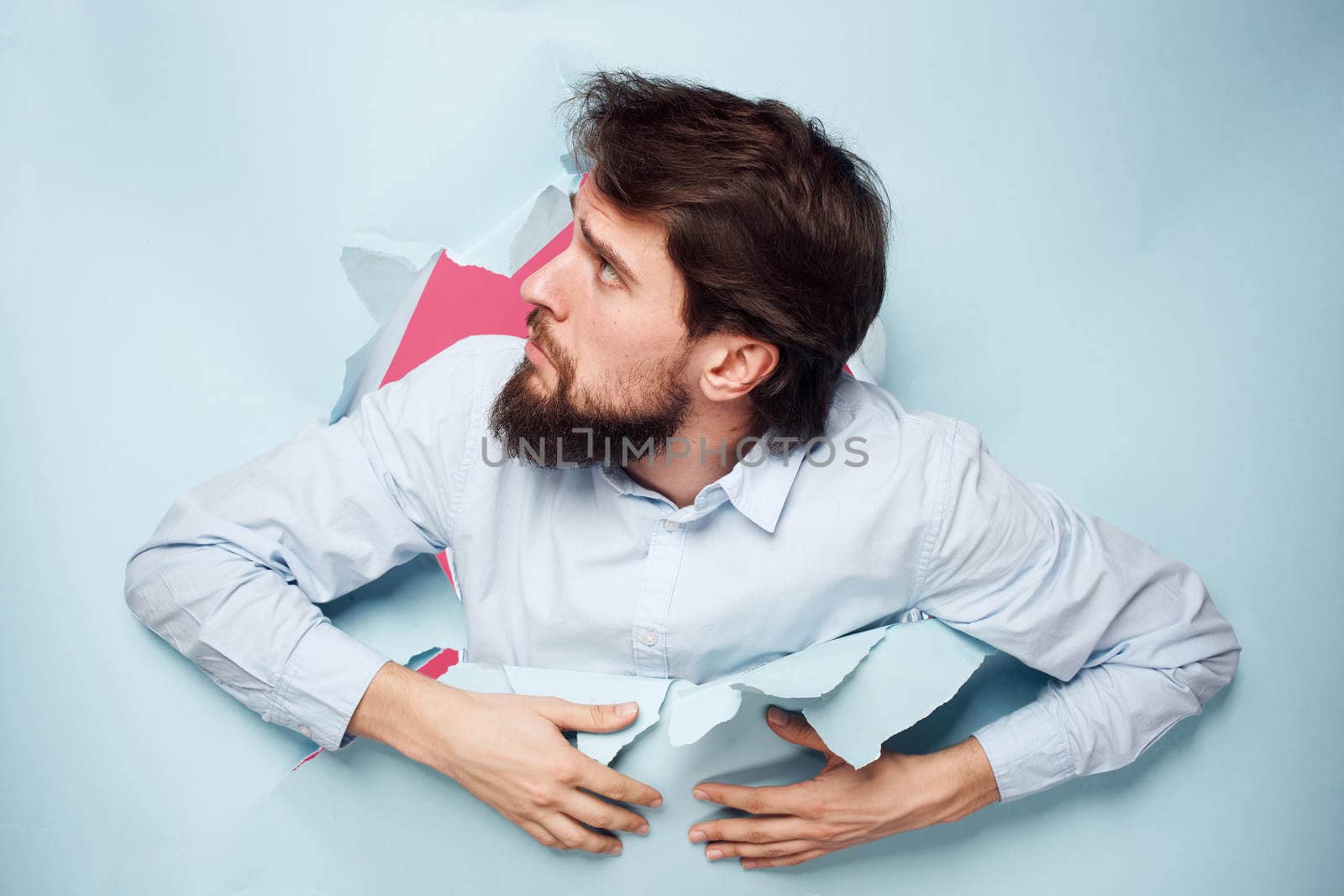 Bearded man in shirt Manager career work emotions lifestyle. High quality photo