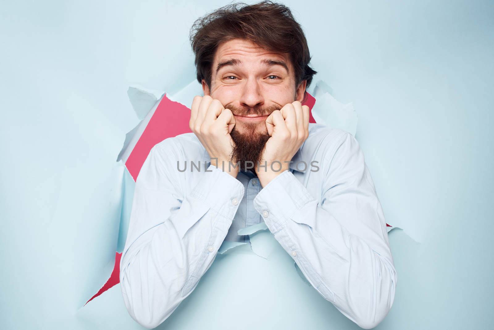 man looking out of the wall wearing shirt office emotions lifestyle work. High quality photo