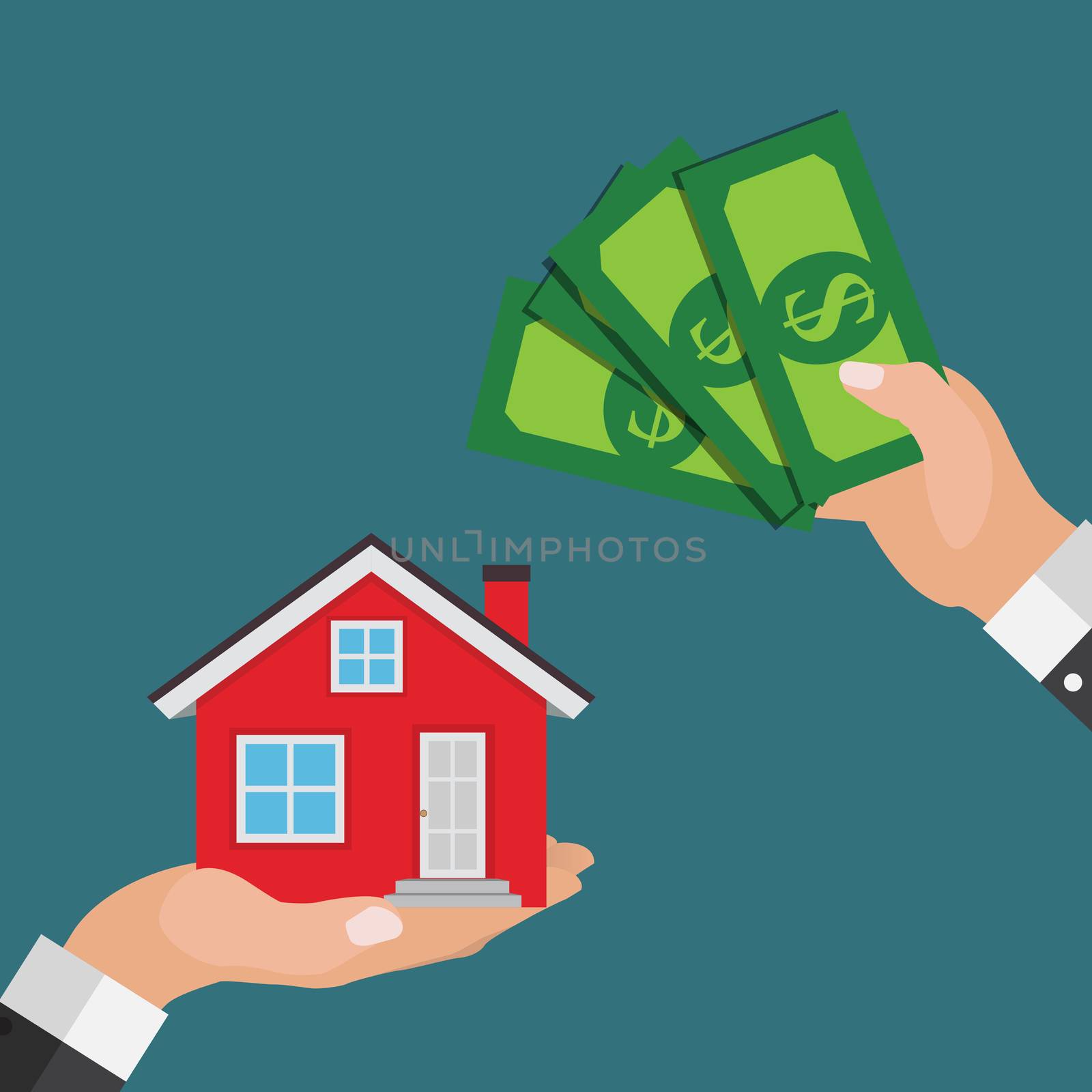 Real estate concept.  Buy house poster with men hands paying money for the home building. Vector Illustration EPS10