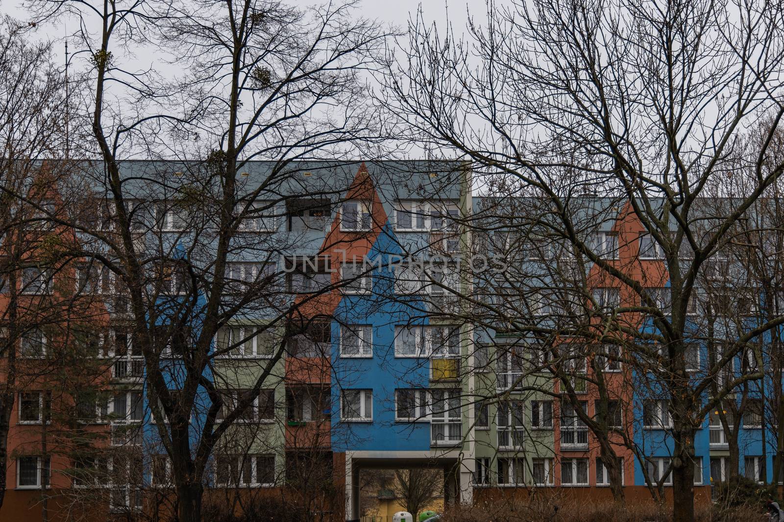 Facade of colorful block of flats behind winter trees by Wierzchu