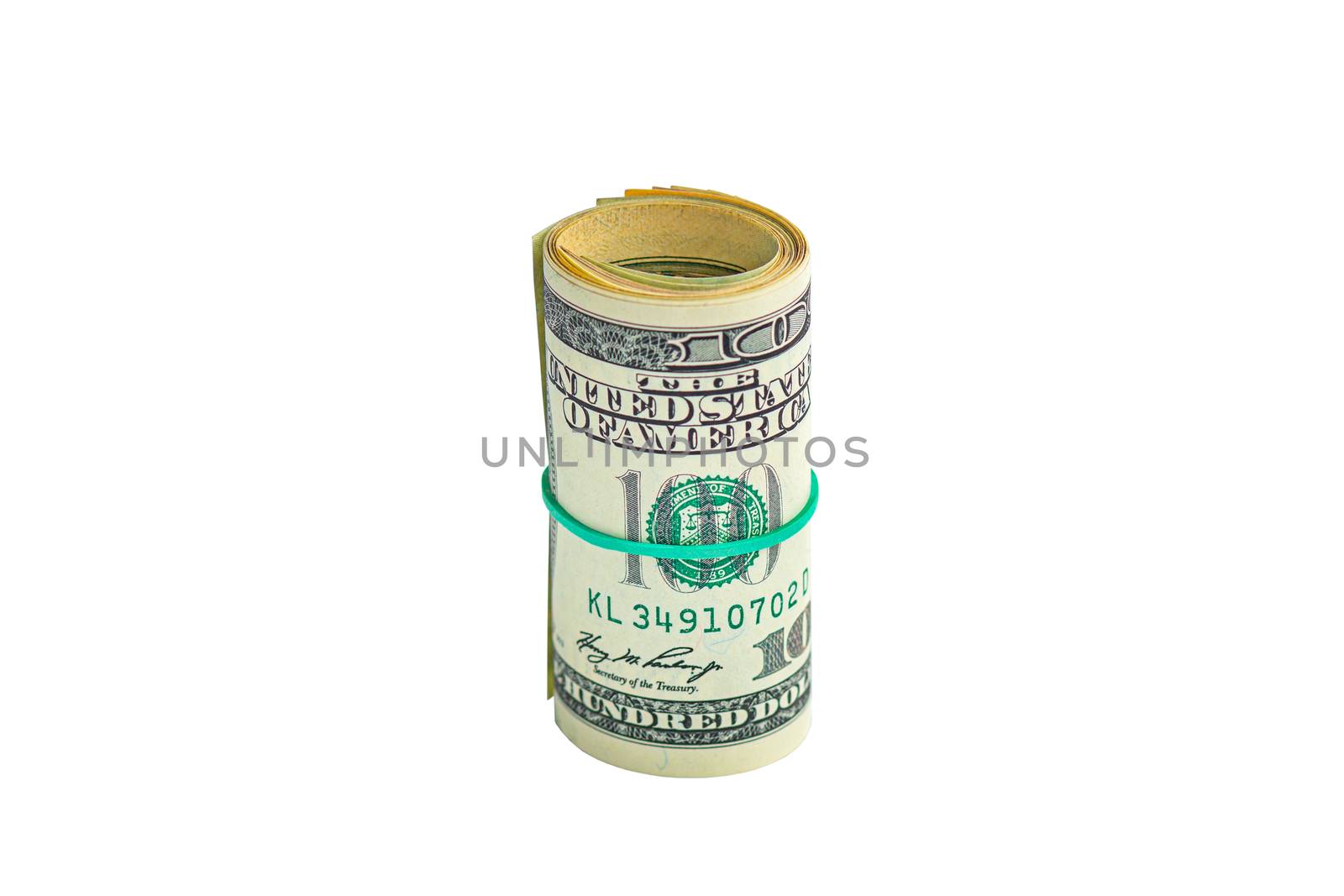 Money in a roll tied with an elastic band. The isolated object on a white background. Close up photo of money. U.S. dollars. Banknotes. Paper money isolated on white background.