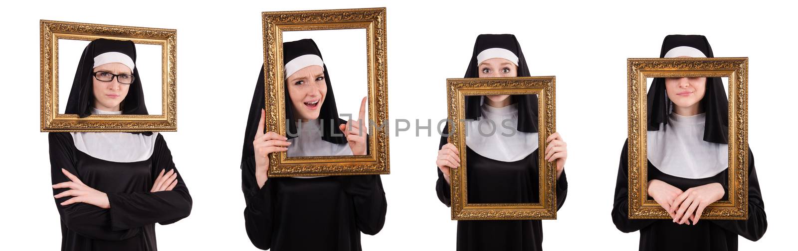 Young nun with frame isolated on white