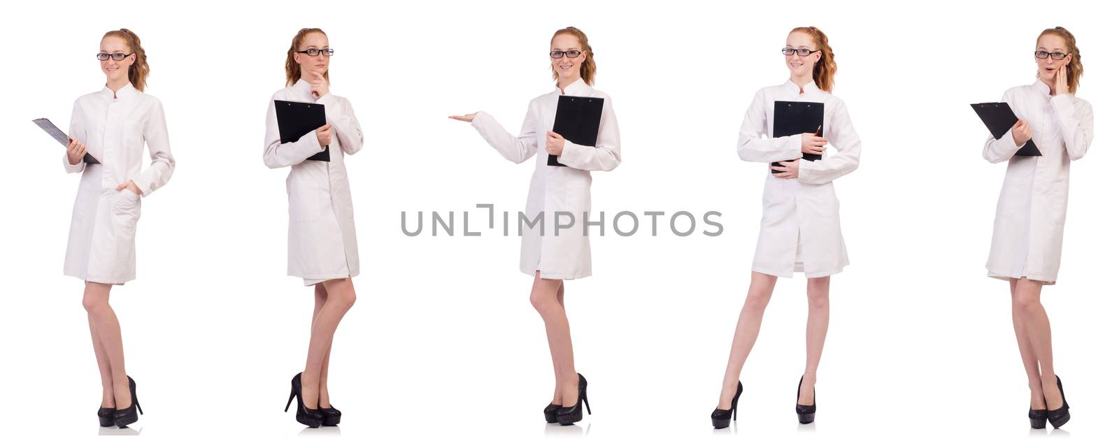 Pretty female doctor holding diary isolated on white by Elnur