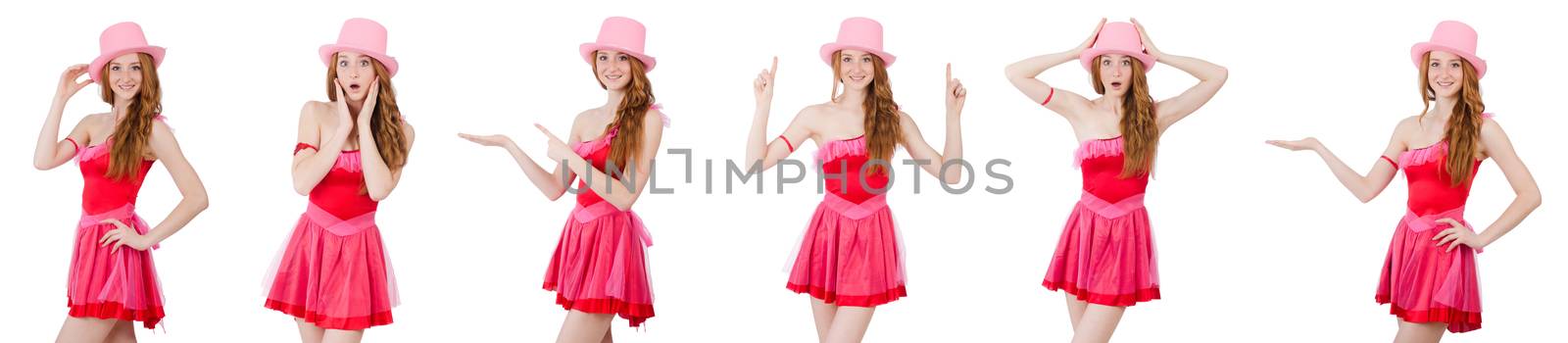 Pretty young wizard in mini pink dress isolated on white by Elnur