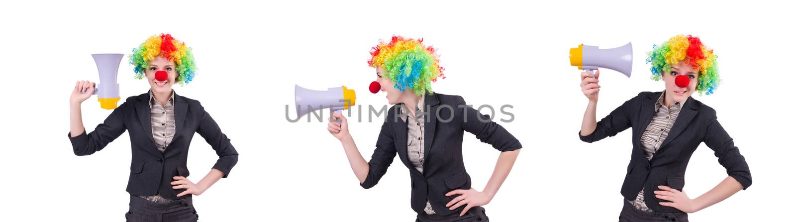 Businesswoman clown with loudspeaker isolated on white