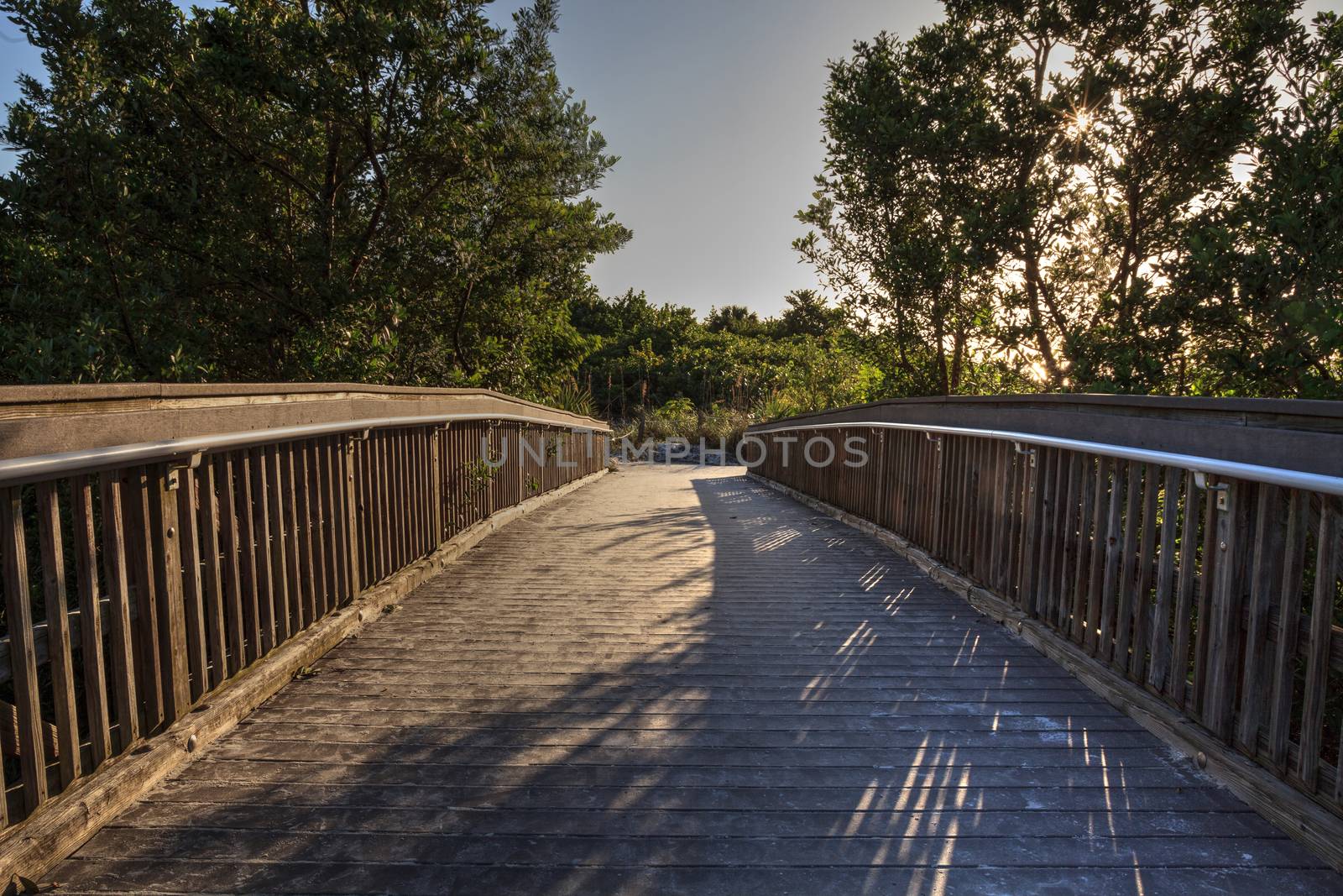 Boardwalk leading to Lovers Key State Park on a sunny day in Fort Myers, Florida