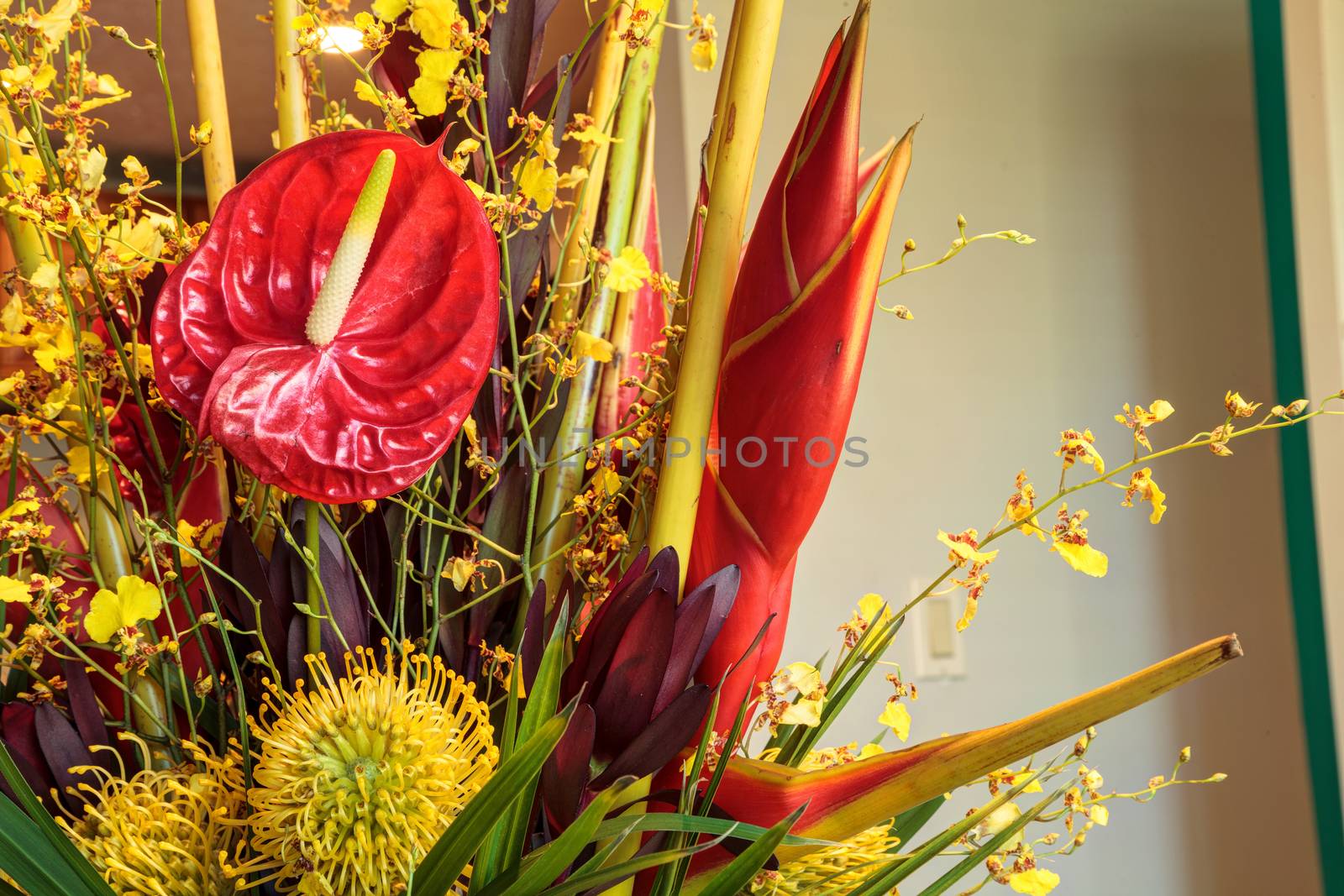 Tropical bouquet of flowers including Heliconia bihai, yellow on by steffstarr