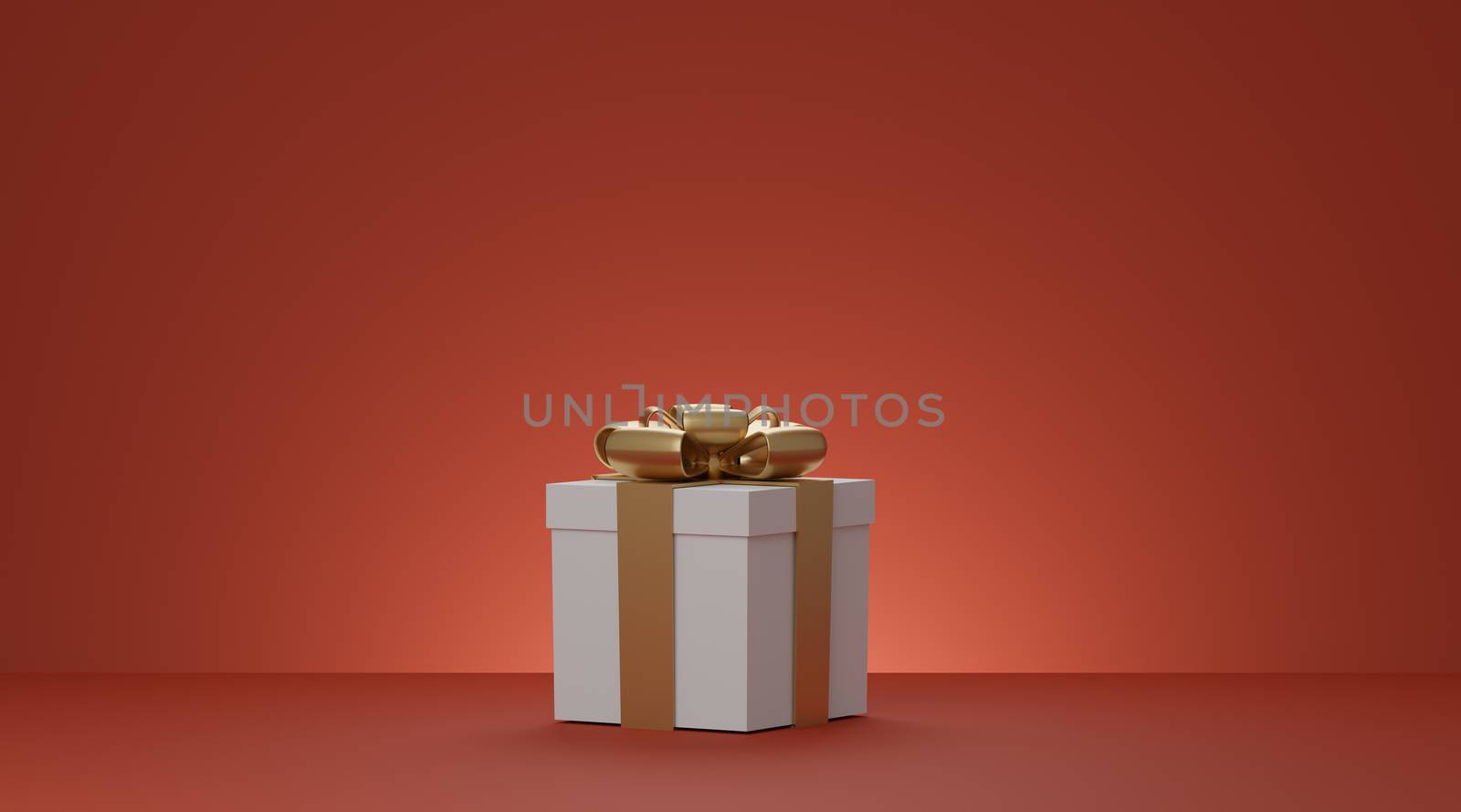 Christmas and New Year present box, white gift box with gold ribbon over red background. 3d rendering.