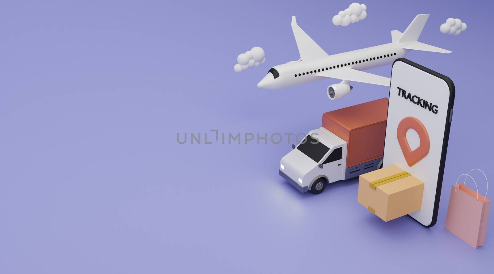 Delivery service concept. Delivery van, airplane shipping cargo, shopping bag and brown box shipping fast from mobile screen. 3D rendering.