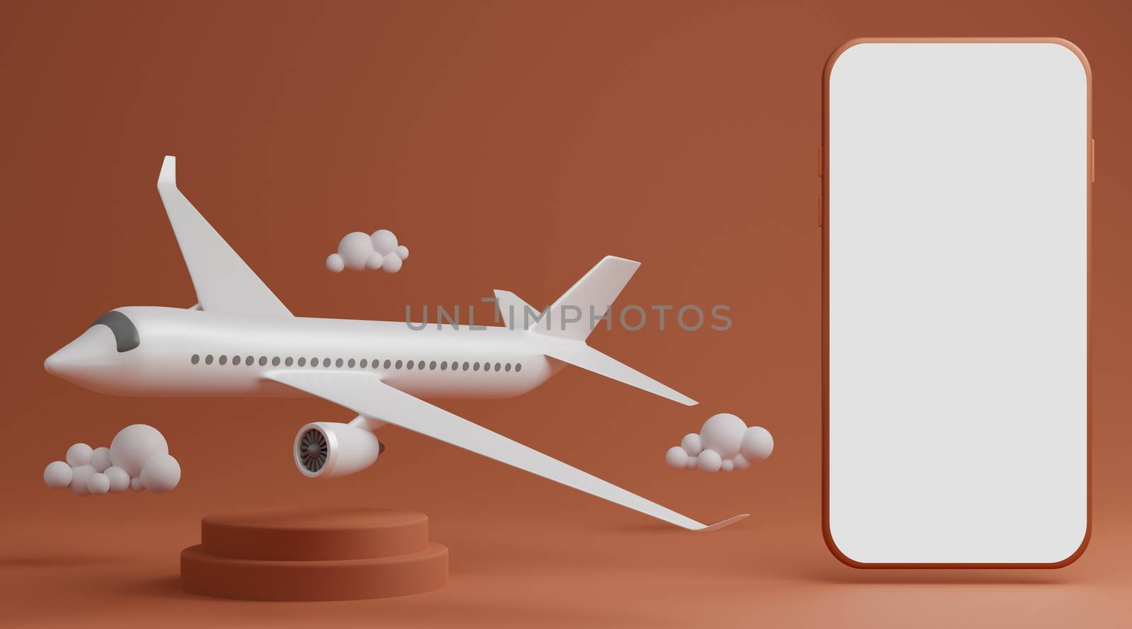 Empty smartphone white screen mockup side round pedestal with airplane. Transport and logistics services concept. 3D rendering.